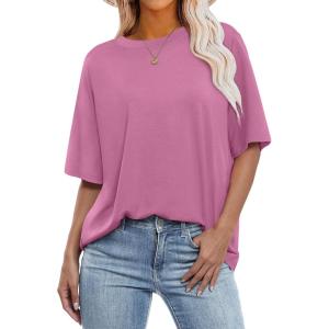 imageANRABESS Womens Oversized T Shirts Short Sleeve Crewneck Tops Casual Loose Basic Tee Shirts 2026 Summer Trendy OutfitsDark Pink