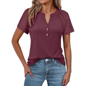 imageANRABESS Womens Short Sleeve Lace Shirts 2026 Summer Henley V Neck Blouse Business Casual Top Spring Cute Work Trendy ClothesBurgundy