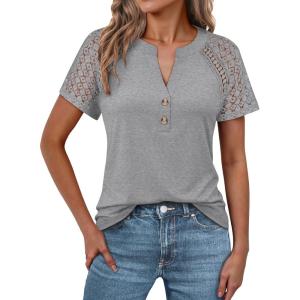 imageANRABESS Womens Short Sleeve Lace Shirts 2026 Summer Henley V Neck Blouse Business Casual Top Spring Cute Work Trendy ClothesGray