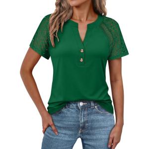imageANRABESS Womens Short Sleeve Lace Shirts 2026 Summer Henley V Neck Blouse Business Casual Top Spring Cute Work Trendy ClothesGreen