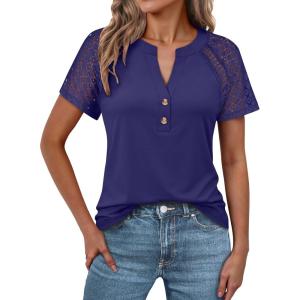 imageANRABESS Womens Short Sleeve Lace Shirts 2026 Summer Henley V Neck Blouse Business Casual Top Spring Cute Work Trendy ClothesNavy Blue