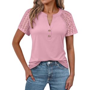 imageANRABESS Womens Short Sleeve Lace Shirts 2026 Summer Henley V Neck Blouse Business Casual Top Spring Cute Work Trendy ClothesPink
