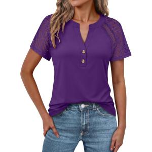imageANRABESS Womens Short Sleeve Lace Shirts 2026 Summer Henley V Neck Blouse Business Casual Top Spring Cute Work Trendy ClothesPurple