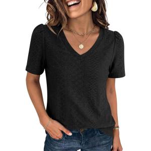 imageANRABESS Womens Short Sleeve Shirts Eyelet V Neck Tops Summer Business Casual Clothes 2026 Work Office TShirtsBlack