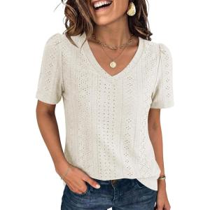 imageANRABESS Womens Short Sleeve Shirts Eyelet V Neck Tops Summer Business Casual Clothes 2026 Work Office TShirtsCream White