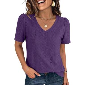 imageANRABESS Womens Short Sleeve Shirts Eyelet V Neck Tops Summer Business Casual Clothes 2026 Work Office TShirtsDeep Purple