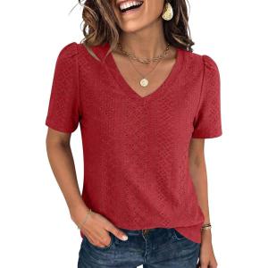 imageANRABESS Womens Short Sleeve Shirts Eyelet V Neck Tops Summer Business Casual Clothes 2026 Work Office TShirtsRed