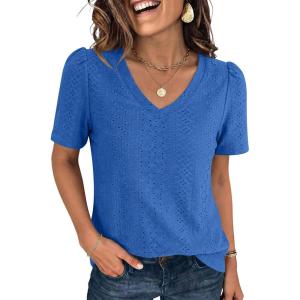imageANRABESS Womens Short Sleeve Shirts Eyelet V Neck Tops Summer Business Casual Clothes 2026 Work Office TShirtsRoyal Blue