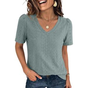 imageANRABESS Womens Short Sleeve Shirts Eyelet V Neck Tops Summer Business Casual Clothes 2026 Work Office TShirtsSage Green