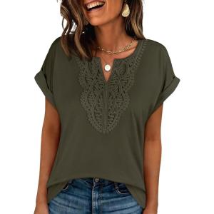 imageANRABESS Womens Short Sleeve Tops Boho V Neck Lace Shirts Dressy Casual Blouses Summer Cute Tunic 2026 Trendy Fashion ClothesArmy Green