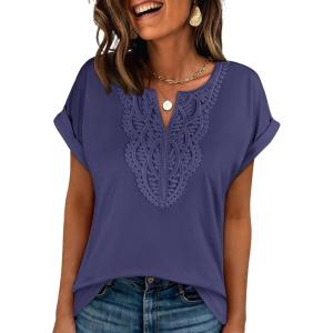 imageANRABESS Womens Short Sleeve Tops Boho V Neck Lace Shirts Dressy Casual Blouses Summer Cute Tunic 2026 Trendy Fashion ClothesBlue Gray