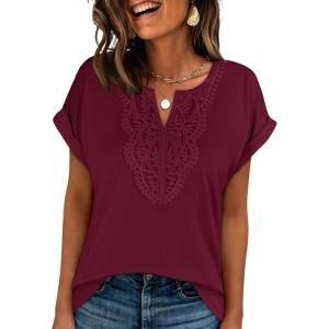 imageANRABESS Womens Short Sleeve Tops Boho V Neck Lace Shirts Dressy Casual Blouses Summer Cute Tunic 2026 Trendy Fashion ClothesBurgundy