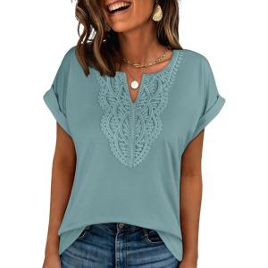 imageANRABESS Womens Short Sleeve Tops Boho V Neck Lace Shirts Dressy Casual Blouses Summer Cute Tunic 2026 Trendy Fashion ClothesGray Green