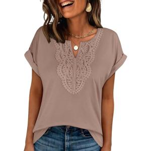 imageANRABESS Womens Short Sleeve Tops Boho V Neck Lace Shirts Dressy Casual Blouses Summer Cute Tunic 2026 Trendy Fashion ClothesLight Khaki