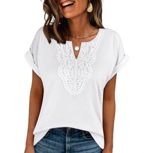 imageANRABESS Womens Short Sleeve Tops Boho V Neck Lace Shirts Dressy Casual Blouses Summer Cute Tunic 2026 Trendy Fashion ClothesWhite
