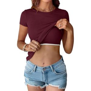 imageANRABESS Womens Short Sleeve Tops Built in Bra 2026 Summer T Shirts Slim Fitted Going Out Y2K Basic Tee Vacation ClothesBurgendy