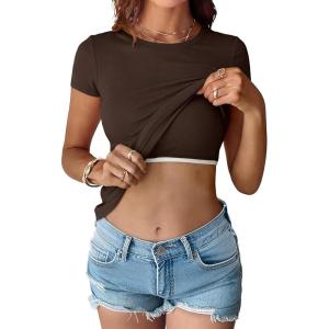 imageANRABESS Womens Short Sleeve Tops Built in Bra 2026 Summer T Shirts Slim Fitted Going Out Y2K Basic Tee Vacation ClothesDark Brown