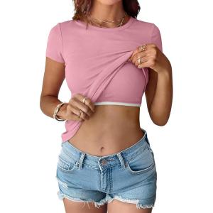imageANRABESS Womens Short Sleeve Tops Built in Bra 2026 Summer T Shirts Slim Fitted Going Out Y2K Basic Tee Vacation ClothesDusty Pink
