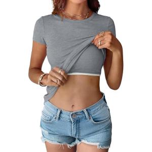 imageANRABESS Womens Short Sleeve Tops Built in Bra 2026 Summer T Shirts Slim Fitted Going Out Y2K Basic Tee Vacation ClothesGrey