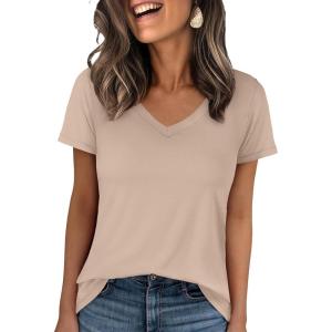 imageANRABESS Womens Short Sleeve Tops Casual V Neck Wrinkle  Free Basic T Shirts Summer Cute Tee 2026 Spring Fashion ClothesAlmond