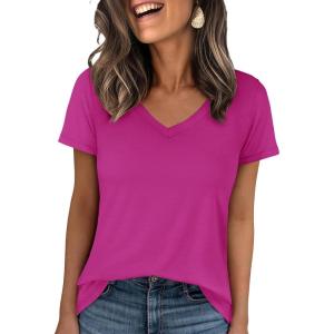 imageANRABESS Womens Short Sleeve Tops Casual V Neck Wrinkle  Free Basic T Shirts Summer Cute Tee 2026 Spring Fashion ClothesHot Pink
