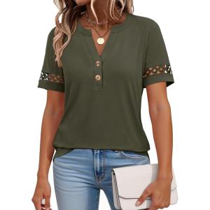 imageANRABESS Womens Short Sleeve Tops Henley V Neck Blouses Dressy Casual 2026 Summer Trendy Tee Shirts Work Business OutfitsArmy Green