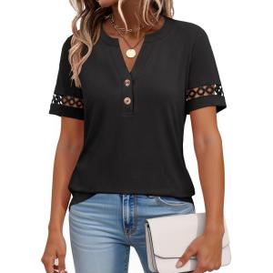 imageANRABESS Womens Short Sleeve Tops Henley V Neck Blouses Dressy Casual 2026 Summer Trendy Tee Shirts Work Business OutfitsBlack