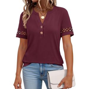 imageANRABESS Womens Short Sleeve Tops Henley V Neck Blouses Dressy Casual 2026 Summer Trendy Tee Shirts Work Business OutfitsBurgundy Red