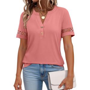 imageANRABESS Womens Short Sleeve Tops Henley V Neck Blouses Dressy Casual 2026 Summer Trendy Tee Shirts Work Business OutfitsCoral Pink