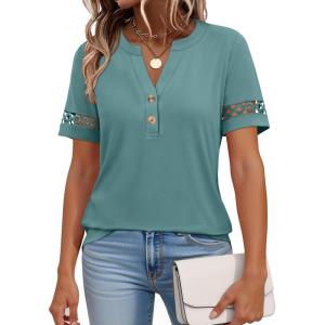 imageANRABESS Womens Short Sleeve Tops Henley V Neck Blouses Dressy Casual 2026 Summer Trendy Tee Shirts Work Business OutfitsGray Green