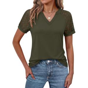 imageANRABESS Womens Short Sleeve V Neck Shirts Lace Dressy Casual Blouse 2026 Summer Business Work Tops Vacation Trendy TShirtsArmy Green