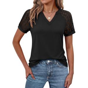 imageANRABESS Womens Short Sleeve V Neck Shirts Lace Dressy Casual Blouse 2026 Summer Business Work Tops Vacation Trendy TShirtsBlack