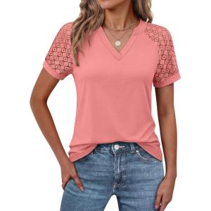 imageANRABESS Womens Short Sleeve V Neck Shirts Lace Dressy Casual Blouse 2026 Summer Business Work Tops Vacation Trendy TShirtsCoral