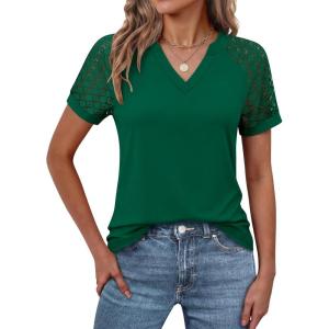 imageANRABESS Womens Short Sleeve V Neck Shirts Lace Dressy Casual Blouse 2026 Summer Business Work Tops Vacation Trendy TShirtsDark Green