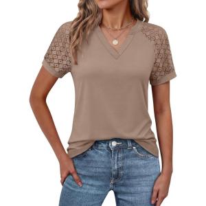 imageANRABESS Womens Short Sleeve V Neck Shirts Lace Dressy Casual Blouse 2026 Summer Business Work Tops Vacation Trendy TShirtsLight Khaki