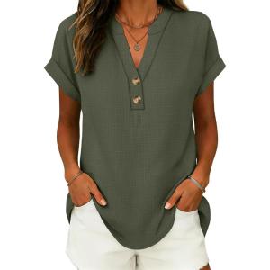 imageANRABESS Womens Spring Tops 2026 Short Sleeve Shirts Henley Dressy Casual Blouses V Neck Fashion Tunics Trendy Flowy ClothingArmy Green