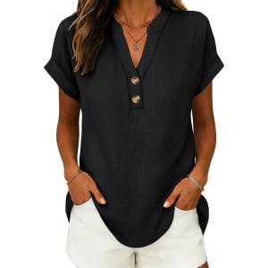 imageANRABESS Womens Spring Tops 2026 Short Sleeve Shirts Henley Dressy Casual Blouses V Neck Fashion Tunics Trendy Flowy ClothingBlack