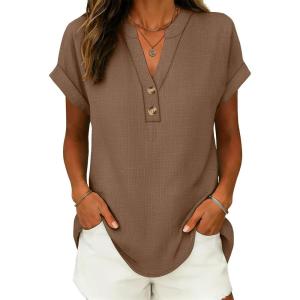 imageANRABESS Womens Spring Tops 2026 Short Sleeve Shirts Henley Dressy Casual Blouses V Neck Fashion Tunics Trendy Flowy ClothingBrown