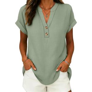 imageANRABESS Womens Spring Tops 2026 Short Sleeve Shirts Henley Dressy Casual Blouses V Neck Fashion Tunics Trendy Flowy ClothingGreen