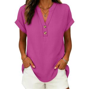imageANRABESS Womens Spring Tops 2026 Short Sleeve Shirts Henley Dressy Casual Blouses V Neck Fashion Tunics Trendy Flowy ClothingHot Pink