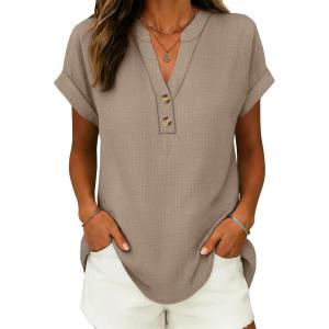 imageANRABESS Womens Spring Tops 2026 Short Sleeve Shirts Henley Dressy Casual Blouses V Neck Fashion Tunics Trendy Flowy ClothingKhaki
