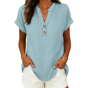 imageANRABESS Womens Spring Tops 2026 Short Sleeve Shirts Henley Dressy Casual Blouses V Neck Fashion Tunics Trendy Flowy ClothingLight Green Blue