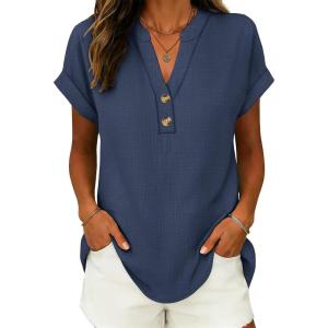 imageANRABESS Womens Spring Tops 2026 Short Sleeve Shirts Henley Dressy Casual Blouses V Neck Fashion Tunics Trendy Flowy ClothingNavy Blue