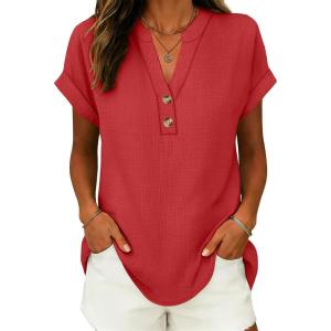 imageANRABESS Womens Spring Tops 2026 Short Sleeve Shirts Henley Dressy Casual Blouses V Neck Fashion Tunics Trendy Flowy ClothingRed
