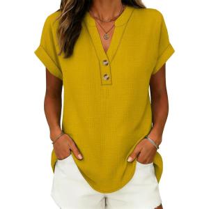 imageANRABESS Womens Spring Tops 2026 Short Sleeve Shirts Henley Dressy Casual Blouses V Neck Fashion Tunics Trendy Flowy ClothingYellow