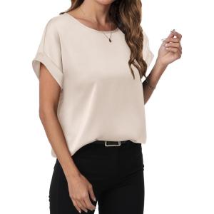imageANRABESS Womens Summer Dressy Casual Short Sleeve Shirts Crewneck Satin 2026 Business Office Work Blouse TopsAlmond