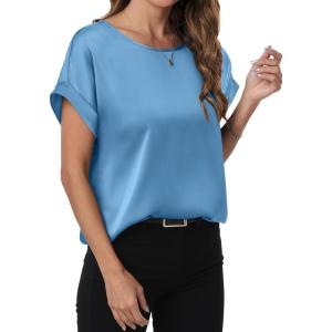 imageANRABESS Womens Summer Dressy Casual Short Sleeve Shirts Crewneck Satin 2026 Business Office Work Blouse TopsBlue