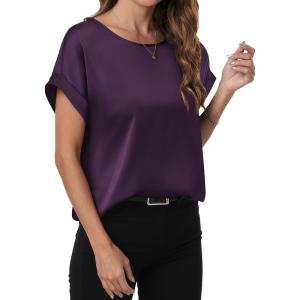 imageANRABESS Womens Summer Dressy Casual Short Sleeve Shirts Crewneck Satin 2026 Business Office Work Blouse TopsDark Purple
