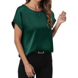 imageANRABESS Womens Summer Dressy Casual Short Sleeve Shirts Crewneck Satin 2026 Business Office Work Blouse TopsGreen