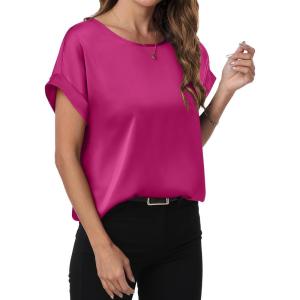 imageANRABESS Womens Summer Dressy Casual Short Sleeve Shirts Crewneck Satin 2026 Business Office Work Blouse TopsHot Pink